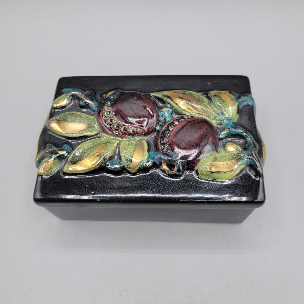 Brayton Laguna Black Ceramic Rectangular Trinket Box Colorful Fruit Leaf Design